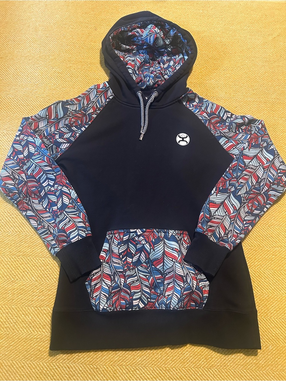 Hooey Black Crewneck Hoodie with Red & Blue Patterned Sleeves